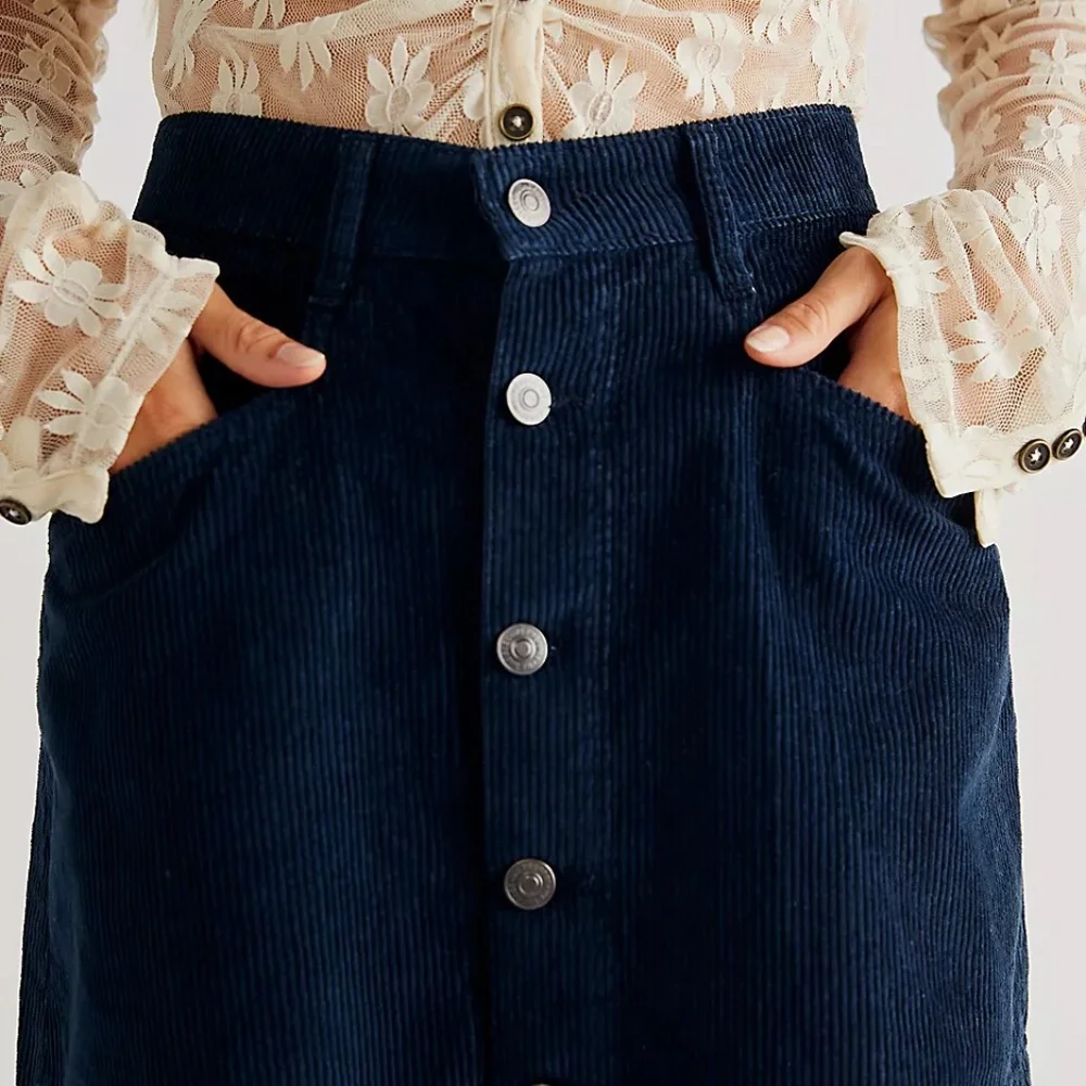 NWT Free People Ray Cord Mini Skirt corduroy ebony black button up - Picture 3 of 6